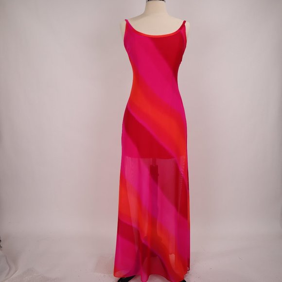 Tadashi NWOT Vtg 90's Rainbow Pink Orange Mesh Dip Dye Maxi Party Dress Gown - Picture 1 of 8